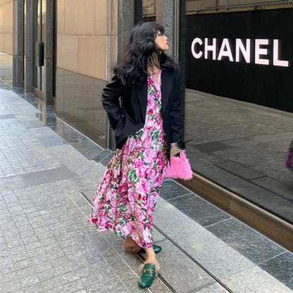 【ワンピース】春夏新作 レッド花柄 ゆったり Vネック 長袖ワンピース【SHシリーズ】