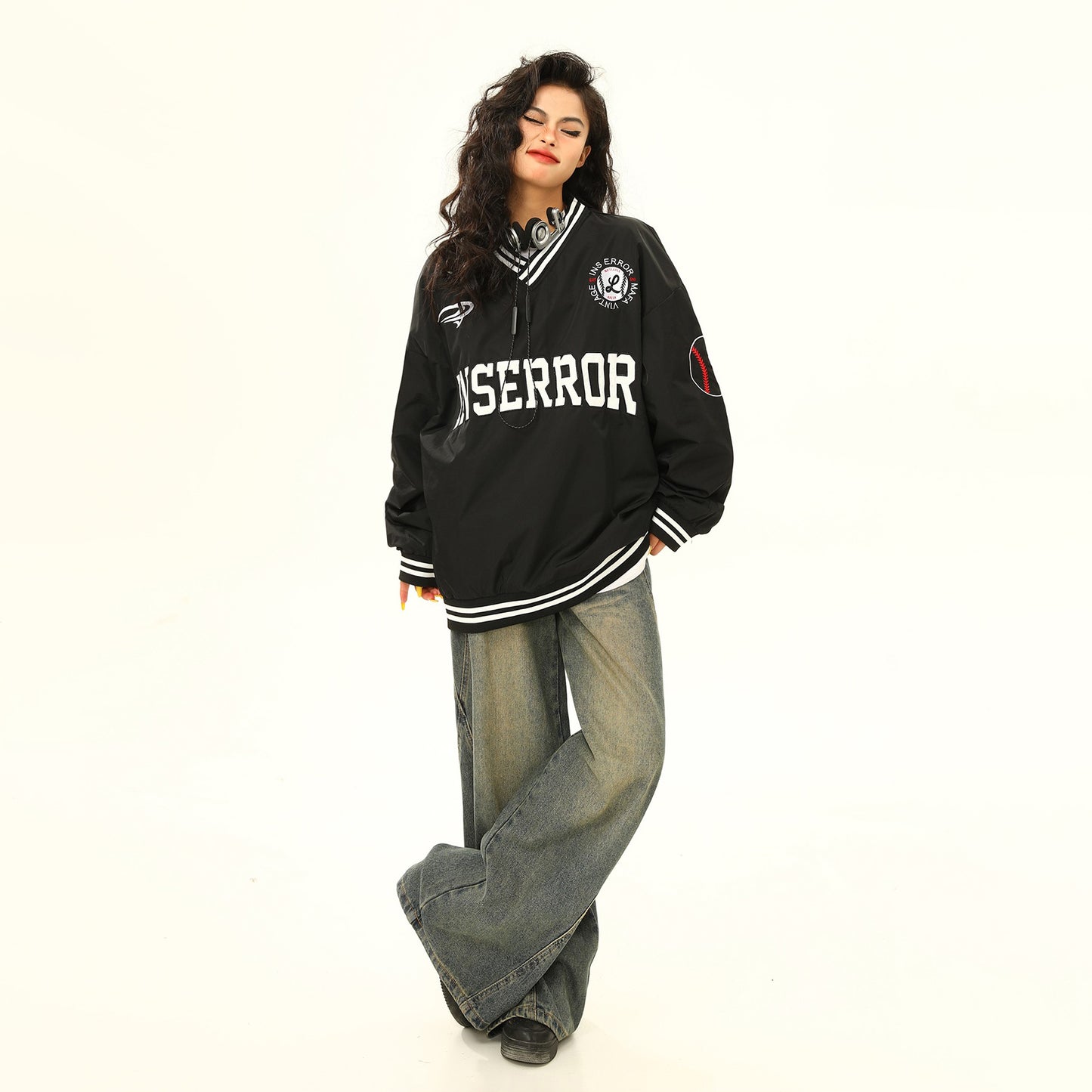 【トップス】春秋 美式ヴィンテージVネックパーカー 男女兼用 刺繍ロゴ入りカジュアルスウェットシャツ【FCシリーズ】