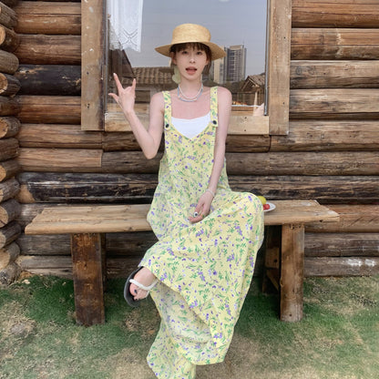 【ボトムス】夏新作 清涼感たっぷり  淡レモンカラー Vネック オーバーサイズサロペット オールインワン【SHシリーズ】