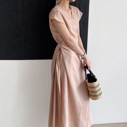 【ワンピース】リネンワンピース レディース フレンチ風 Vネック ウエストリボン Aライン ロング丈 通勤 体型カバー 夏新作【JZシリーズ】
