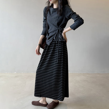 【トップス】韓国風リボンウエストマーク長袖ニット レディース 秋新作 個性的 ゆったり Ｔシャツ【JZシリーズ】