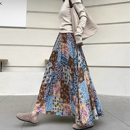 【ボトムス】プリーツ＆花柄 スカート レディース Aライン ミディ丈 ヒップカバー 大きめ フレアスカート【SHシリーズ】