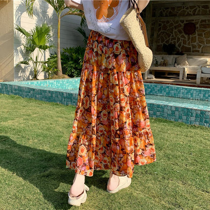 【ボトムス】花柄シフォンティアードスカート 夏 ハイウエスト Aライン  体型カバー リゾート・旅行におすすめ【SHシリーズ】