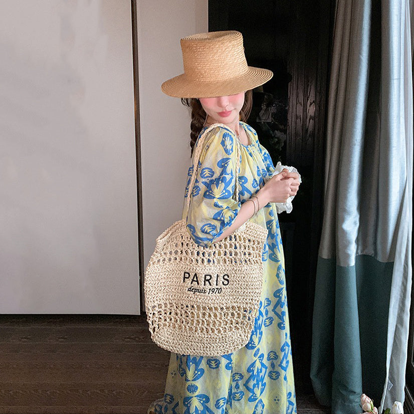 【ワンピース】フラワーワンピース 花柄 半袖 フレンチ風 レトロ ゆったり 体型カバー 細見え ロング丈 気質UP【SHシリーズ】