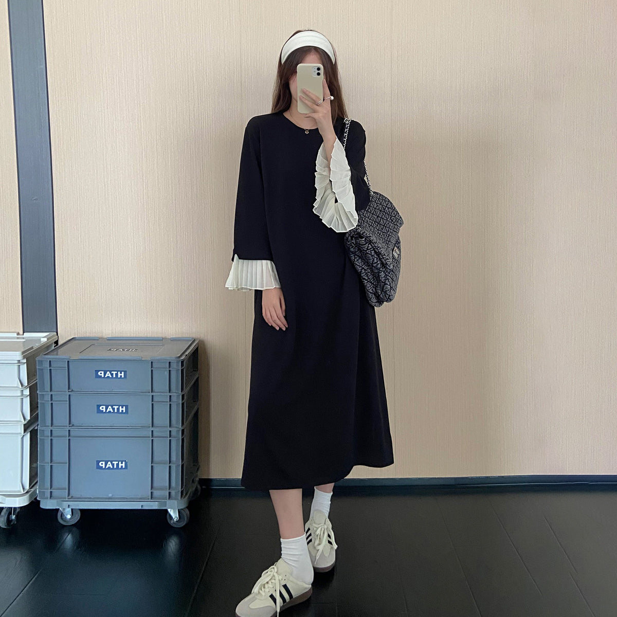 【ワンピース】配色切替長袖ワンピース レディース 秋新作 ゆったり 体型カバー 着痩せ見え ロング丈【JZシリーズ】