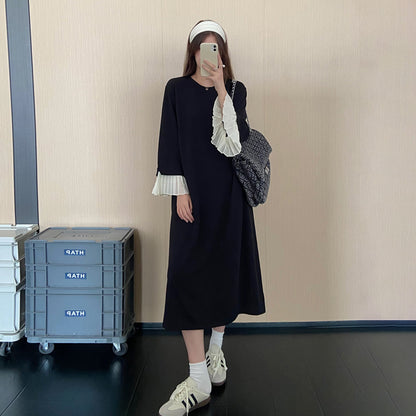 【ワンピース】配色切替長袖ワンピース レディース 秋新作 ゆったり 体型カバー 着痩せ見え ロング丈【JZシリーズ】