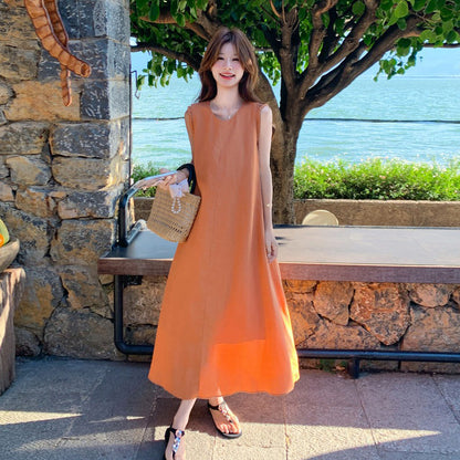 【ワンピース】キャミワンピース レディース オレンジ フレンチ風 ノースリーブ Aライン ロング丈 夏新作【JZシリーズ】