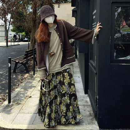 【ボトムス】ヴィンテージ風 フレアスカート 新作 ウエストゴム 花柄 ロング【SHシリーズ】