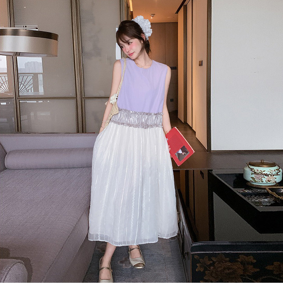 【ワンピース】韓国風  夏 シンプル  ゆったり 配色 ノースリーブワンピース