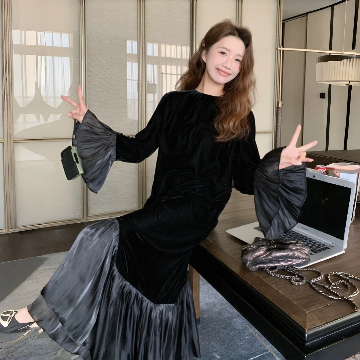 【ワンピース】春 秋 冬 フレンチ 高級感 気質よい フリル ベルベット 長袖ワンピース【JZシリーズ】