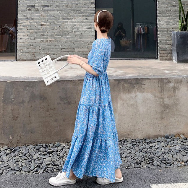 【ワンピース】【10～15日内発送】夏新作 フレンチ風 高級感 Vネック パフスリーブ フラワープリント 半袖ワンピース【SHシリーズ】