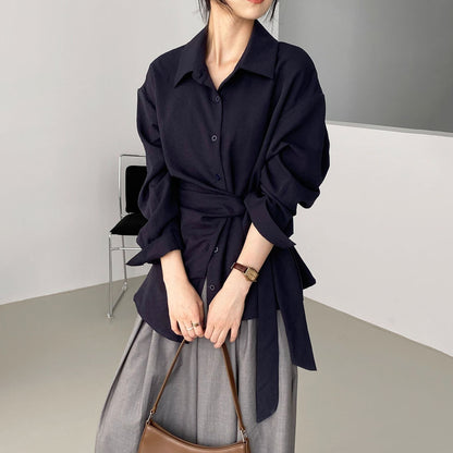 【トップス】ウエストマークで細見え！韓国風デザイン性たっぷりサイドリボンシャツ レディース 通勤エレガント長袖シャツ【JZシリーズ】