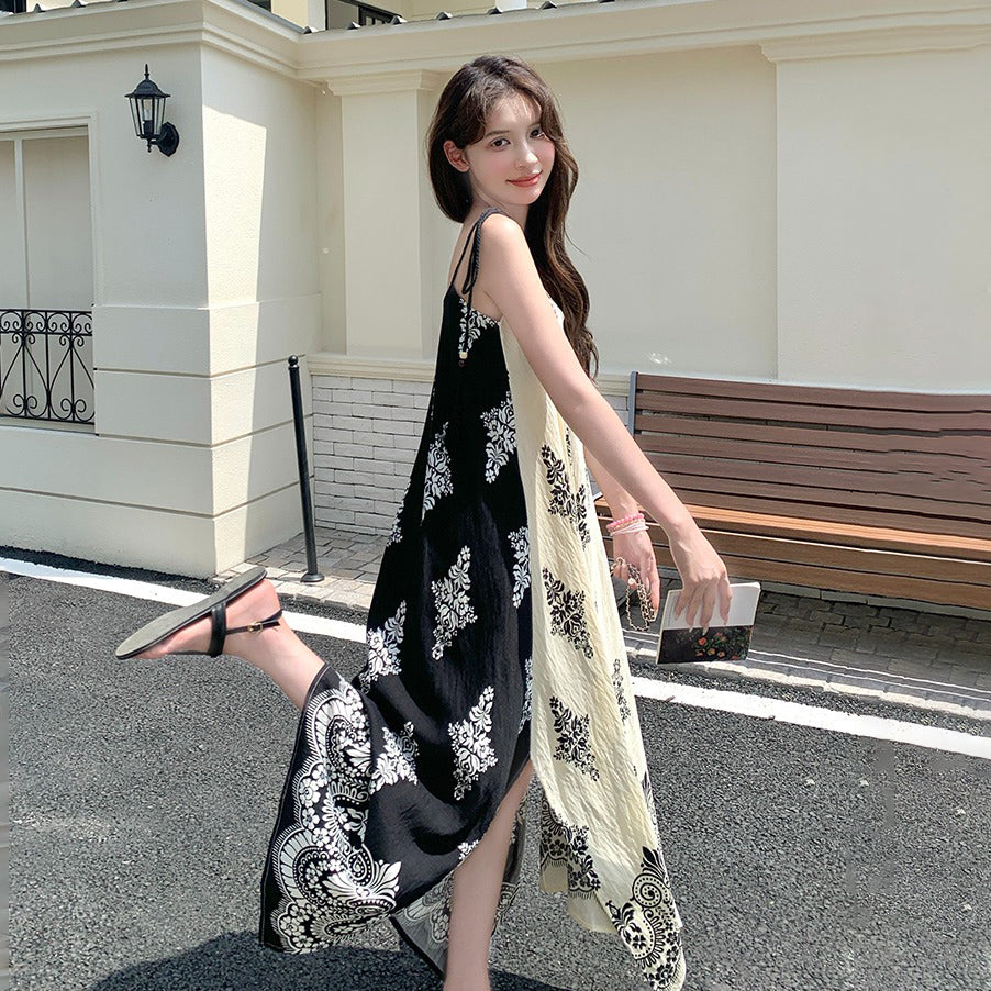 【ワンピース】フレンチリゾート風  夏新作 超映え民族風プリント  ノースリーブワンピース【SHシリーズ】