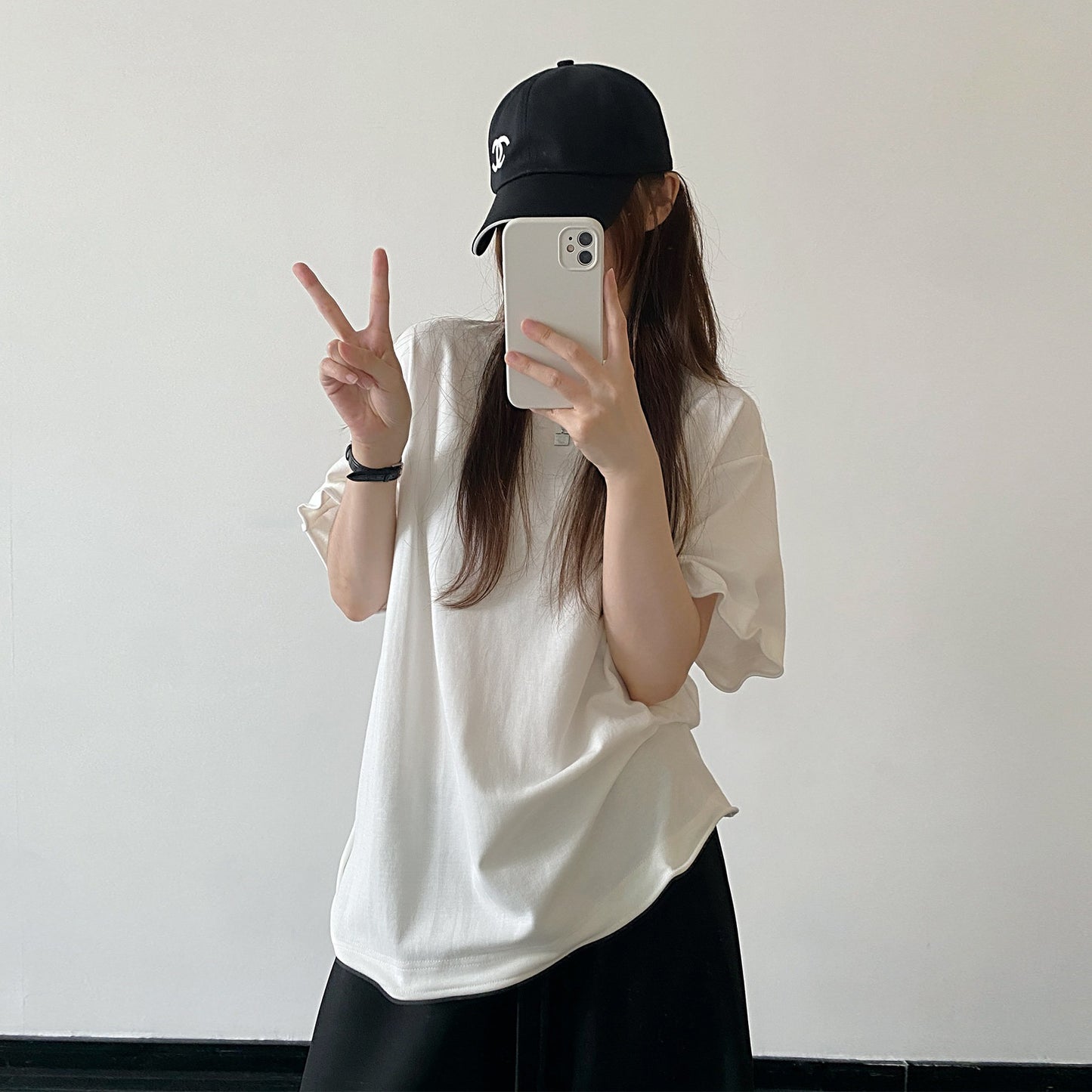 【トップス】ホワイト ニットデザイン 半袖Tシャツ ゆったりシルエット 着痩せ シンプル カジュアル トップス【FCシリーズ】