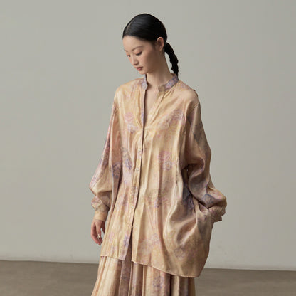 【単品注文】【セットアップ】新中華風 レトロ 薄手 UVカット プリント ゆったり 体型カバー 長袖シャツ＋フレアスカート【SHシリーズ】