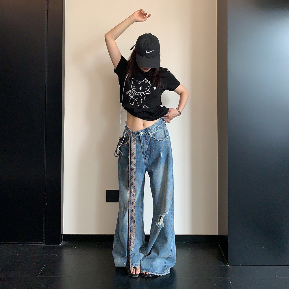 【ボトムス】デニムパンツ レディース ダメージ加工 ストーン装飾 ワイドパンツ ヴィンテージ風 カジュアル【FCシリーズ】