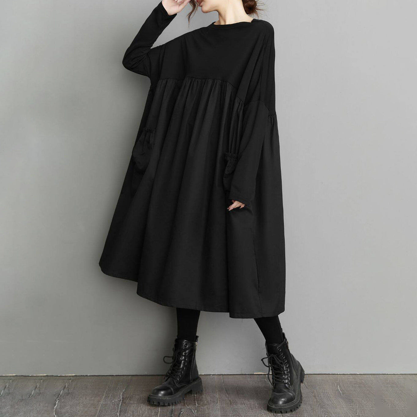 60%OFF⭐️期間限定【ワンピース】大きいサイズ ウエスト切替 ベビードール風 ブラック 着痩せ  ゆったり 長袖ワンピース【AHシリーズ】