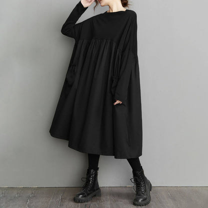 60%OFF⭐️期間限定【ワンピース】大きいサイズ ウエスト切替 ベビードール風 ブラック 着痩せ  ゆったり 長袖ワンピース【AHシリーズ】