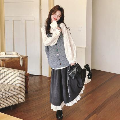 3点セット！【セットアップ】春新作 森ガール風 ニットベスト＋シャツ＋スカート 3点 上下セット 気質アップ＆若見えコーデ【JZシリーズ】