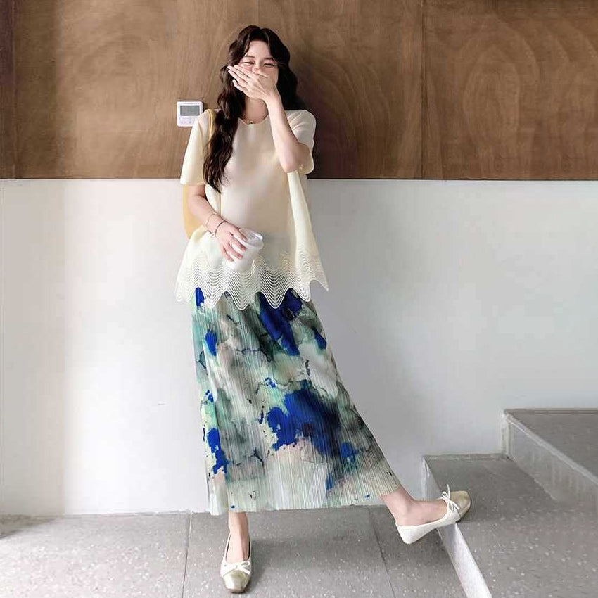 2点セット！【セットアップ】夏 体型カバー ゆったり トップス＋プリーツ スカート 上下セット【SHシリーズ】