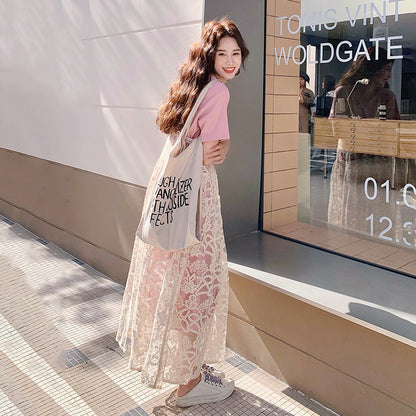 2点セット！【セットアップ】夏新作 シアーシャツ＋Tシャツワンピース レイヤード風 ゆったり 体型カバー カジュアル きれいめ【SHシリーズ】