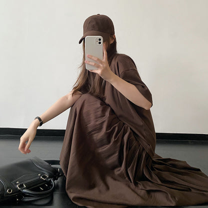 【ワンピース】夏新作 レイヤード風 ワンピース リヨセル素材 ハイウエスト 体型カバー ゆったり 半袖 ロングドレス【FCシリーズ】