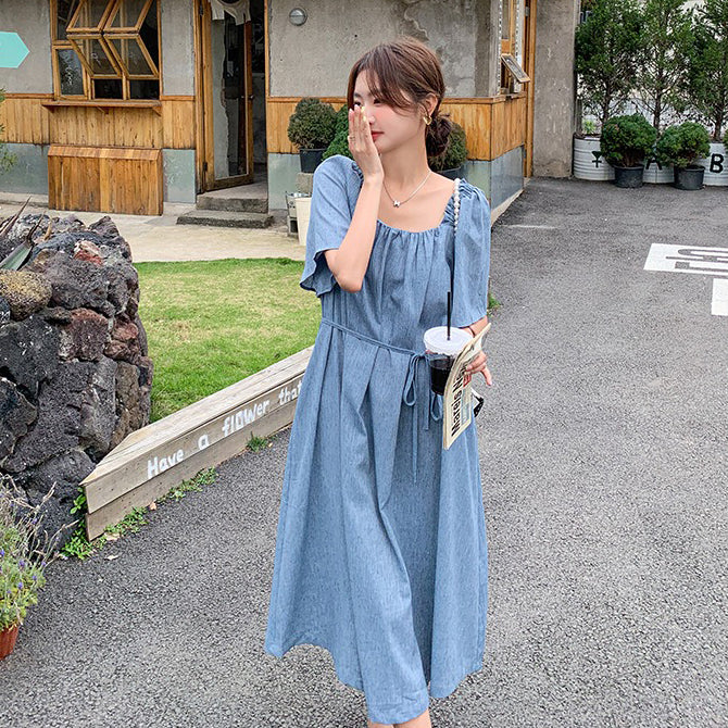 【ワンピース】夏 個性的で美しい スクエアネック 半袖ワンピース レディース 若見え リラックス感 ゆったりロングワンピース【SHシリーズ】