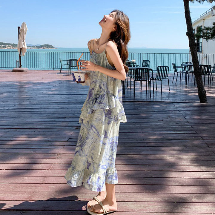 【ワンピース】フレンチロマンティック 油絵風 ノースリーブキャミワンピース 夏 ビーチリゾートドレス【SHシリーズ】