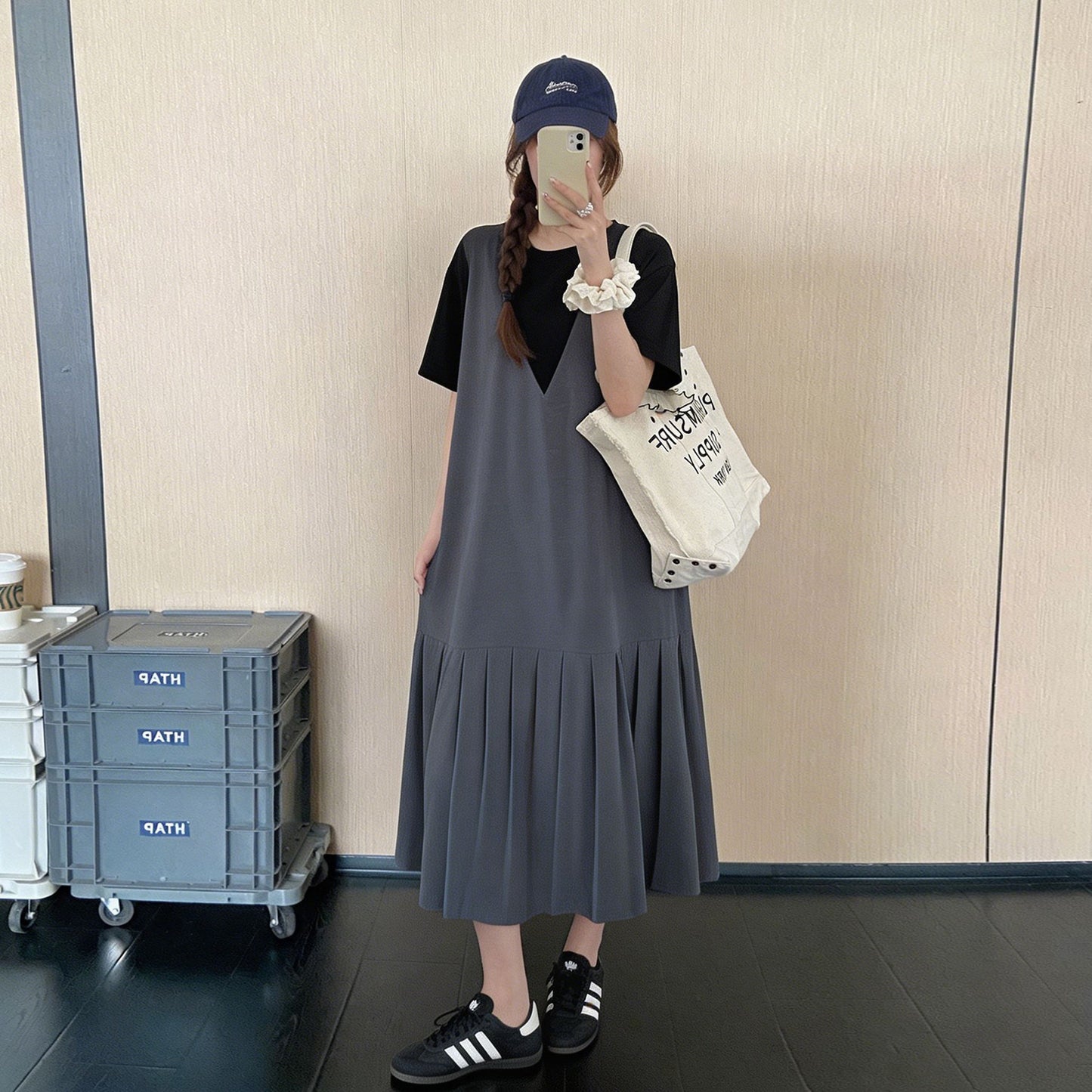 【ワンピース】韓国風フェイクレイヤードワンピース レディース 夏 半袖 ロングワンピース 切替デザイン ゆったり体型カバー 着痩せカジュアル【JZシリーズ】