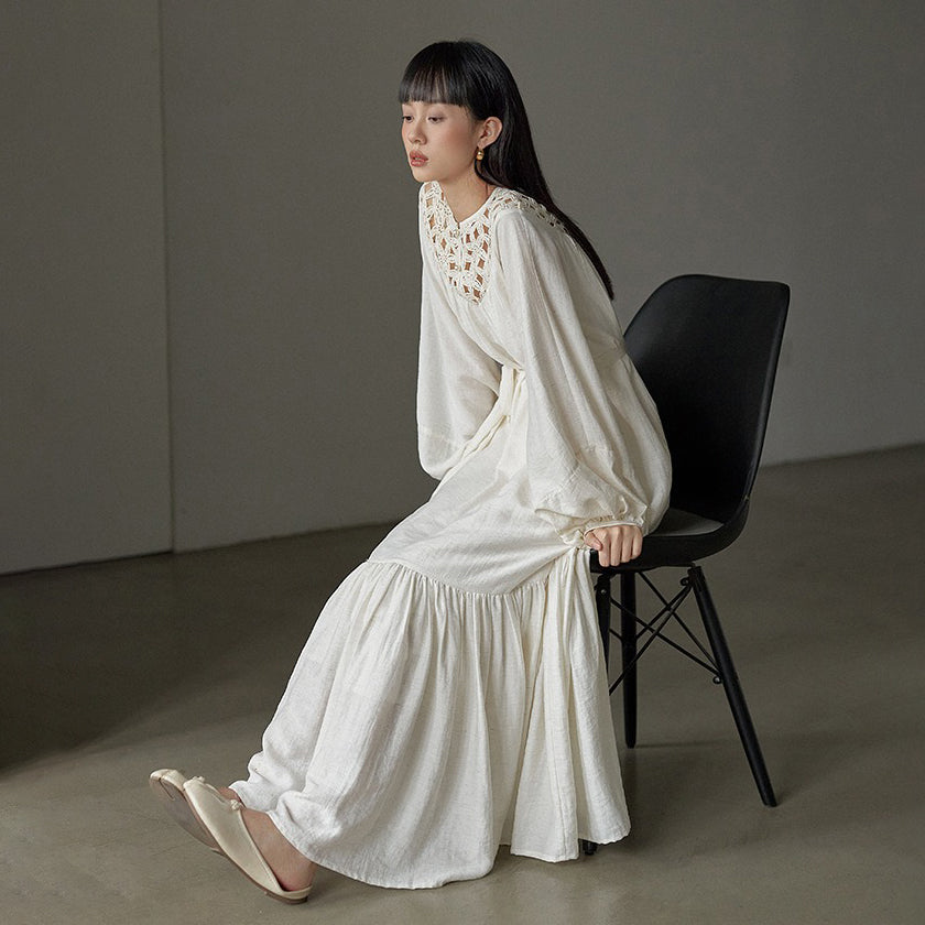 【ワンピース】フレンチ風 刺繍 レース 長袖ワンピース｜透かしデザイン リゾート感あふれるロングドレス【JZシリーズ】
