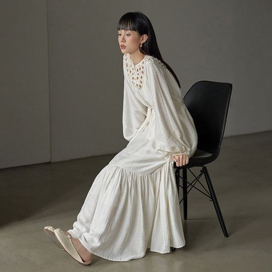 【ワンピース】フレンチ風 刺繍 レース 長袖ワンピース｜透かしデザイン リゾート感あふれるロングドレス【JZシリーズ】