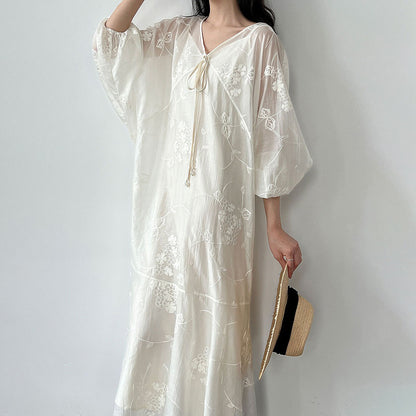 2点セット！【セットアップ】高級刺繍 チュールワンピース＋Vネック キャミワンピースセット 夏新作 バカンス風 ワンピース【JZシリーズ】