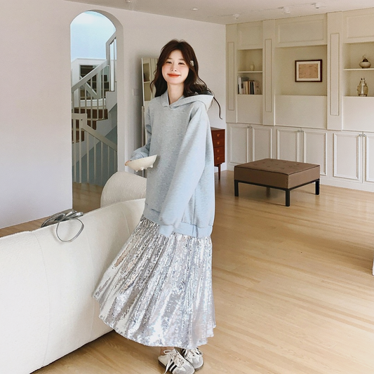 【ワンピース】ラメ パーカーワンピース カレッジ風 ロング 秋新作 【JZシリーズ】