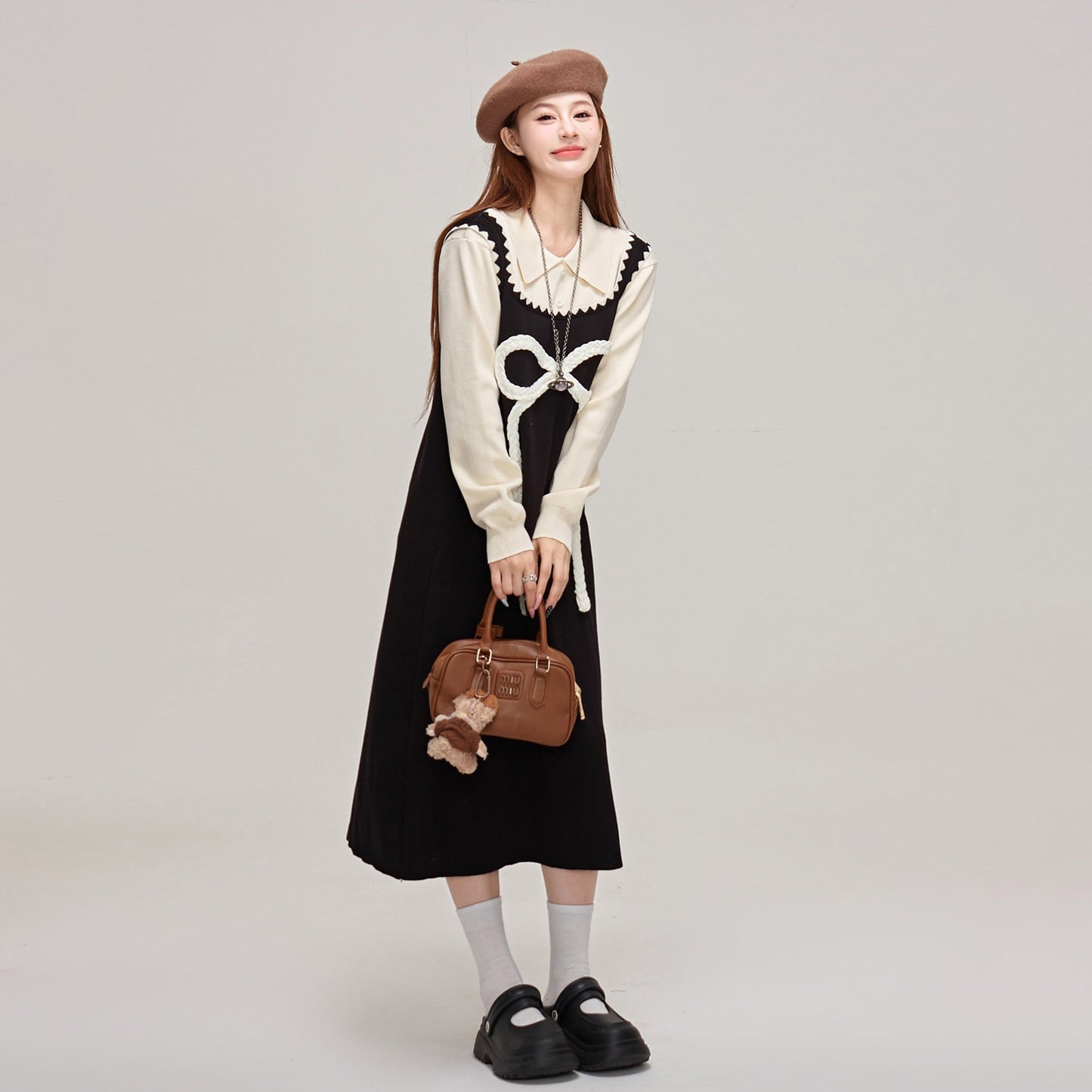 【ワンピース】蝶結びデザイン🎀 ツーピース風ニットワンピ 冬 レディース 上品＆高見え 長袖ワンピース【JZシリーズ】