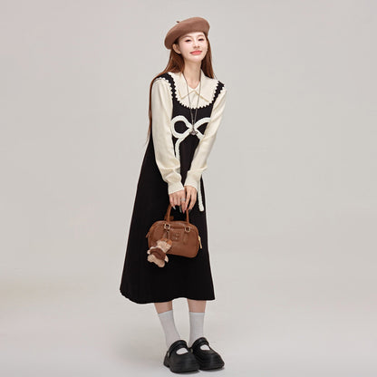 【ワンピース】蝶結びデザイン🎀 ツーピース風ニットワンピ 冬 レディース 上品＆高見え 長袖ワンピース【JZシリーズ】