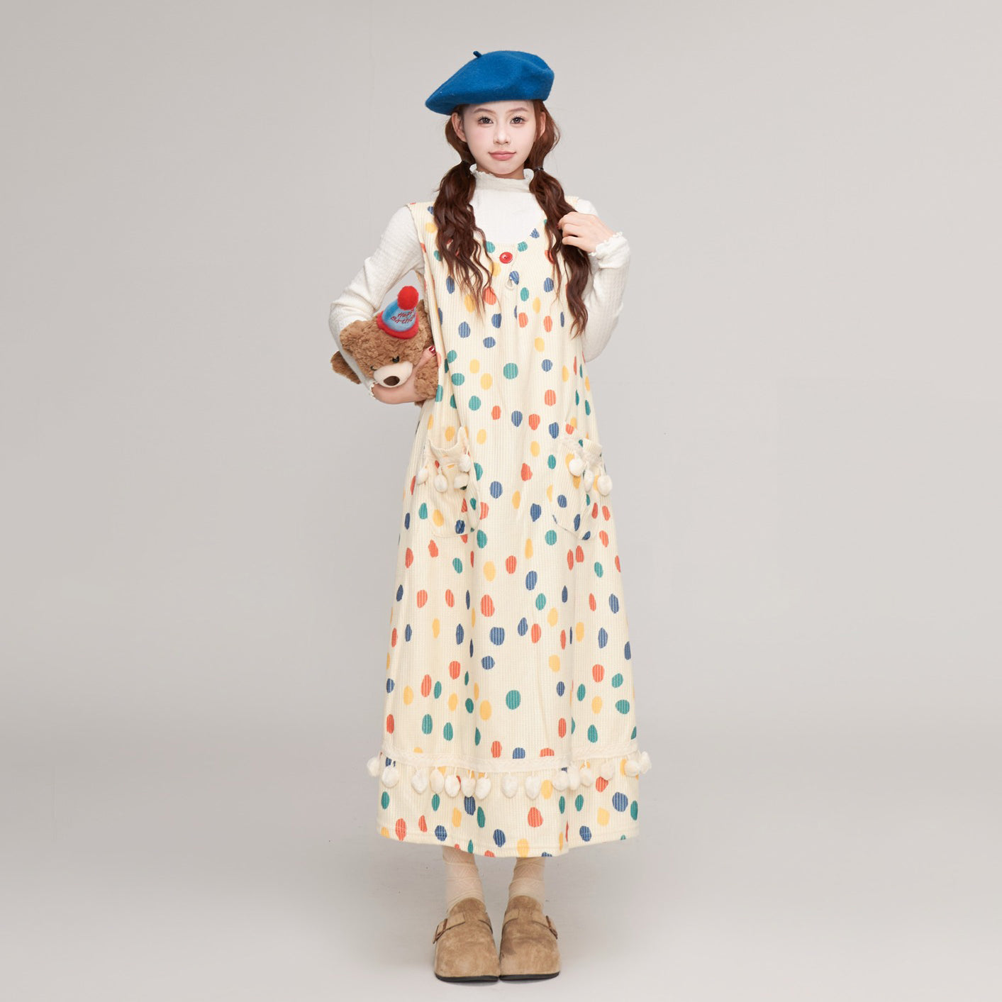 【ワンピース】秋冬 ゆったり可愛い ドット柄 サロペットワンピース レディース Aラインデザイン ノースリーブワンピース【JZシリーズ】【SHシリーズ】