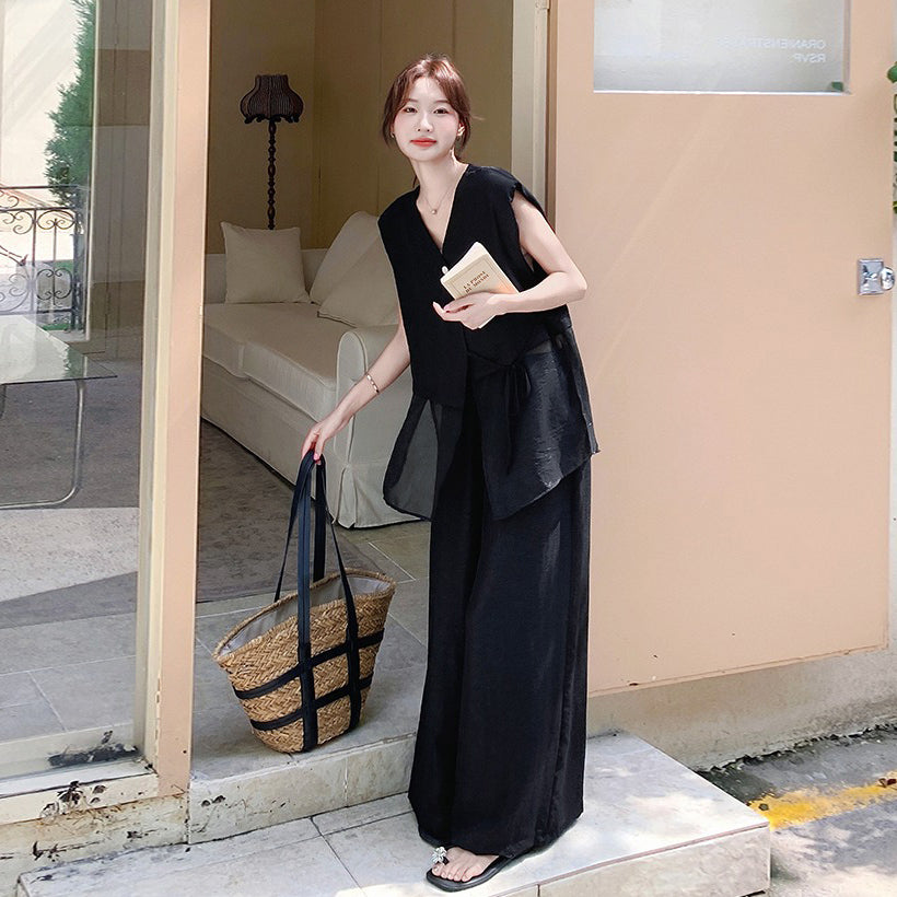 2点セット！【セットアップ】夏 韓国風 通勤 ブラックメッシュ切替 ベスト＋ワイドパンツ 上下セット【JZシリーズ】【SNシリーズ】