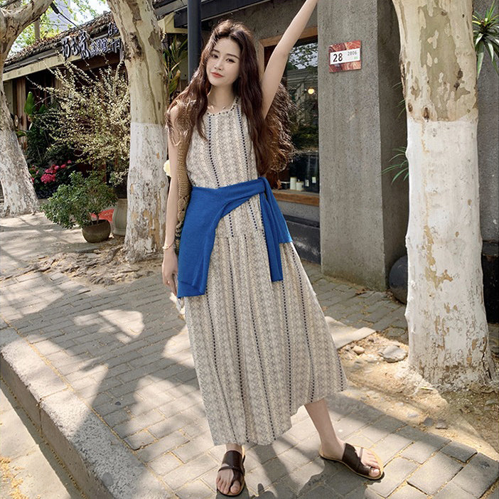 【ワンピース】夏 配色 花柄 韓国風スウィート 気質リゾート ノースリーブワンピース【SHシリーズ】