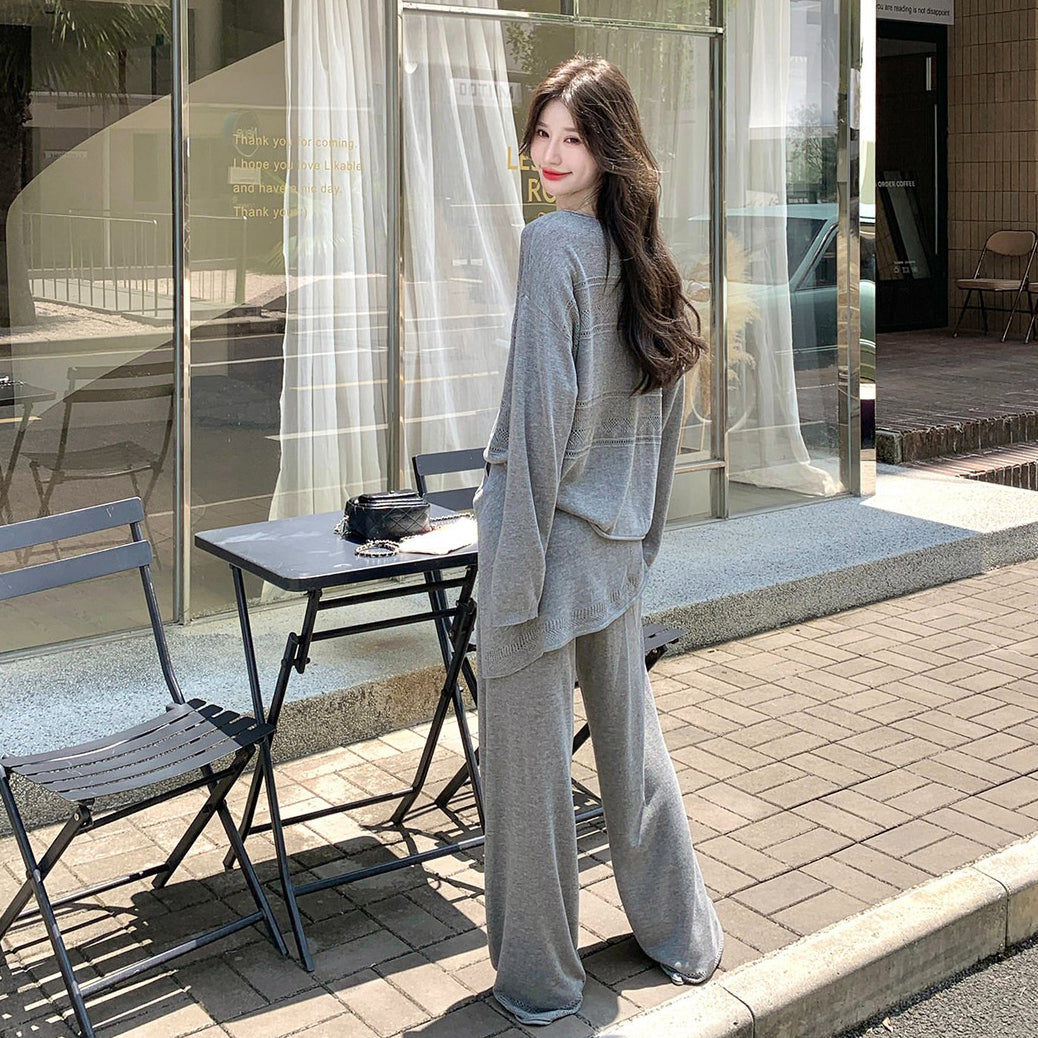 2点セット！【セットアップ】グレーニット 上下セット レディース オフショルダートップス＆ワイドパンツ ゆったり リラックス 秋コーデ【JZシリーズ】