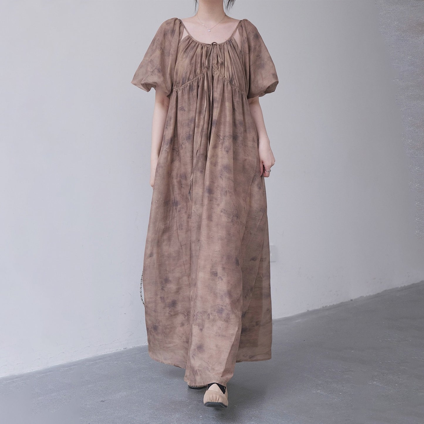 【ワンピース】新中式 禅スタイル 枯色染め アート感漂う 半袖ワンピース【SHシリーズ】