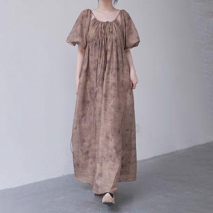 【ワンピース】新中式 禅スタイル 枯色染め アート感漂う 半袖ワンピース【SHシリーズ】