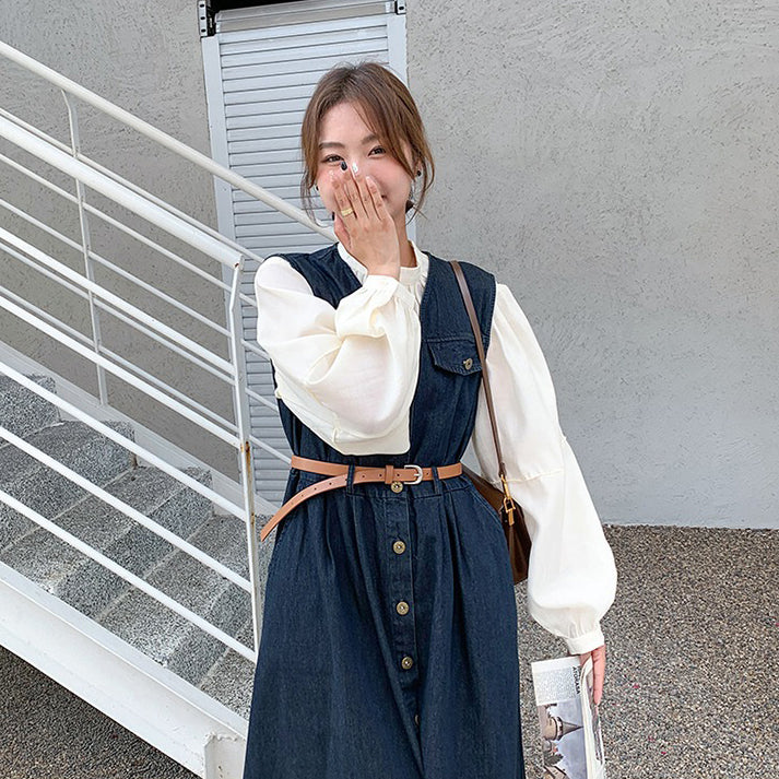 2点セット！【セットアップ】ヴィンテージデニムワンピースセット レディース 春秋 エレガント おしゃれ ブラウス＋キャミワンピース 2点セット【JZシリーズ】