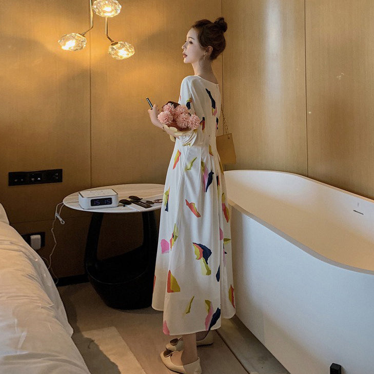 【ワンピース】花柄 長袖ワンピース フレンチ風 ミディ丈 レトロで優しい雰囲気のAラインドレス【SHシリーズ】