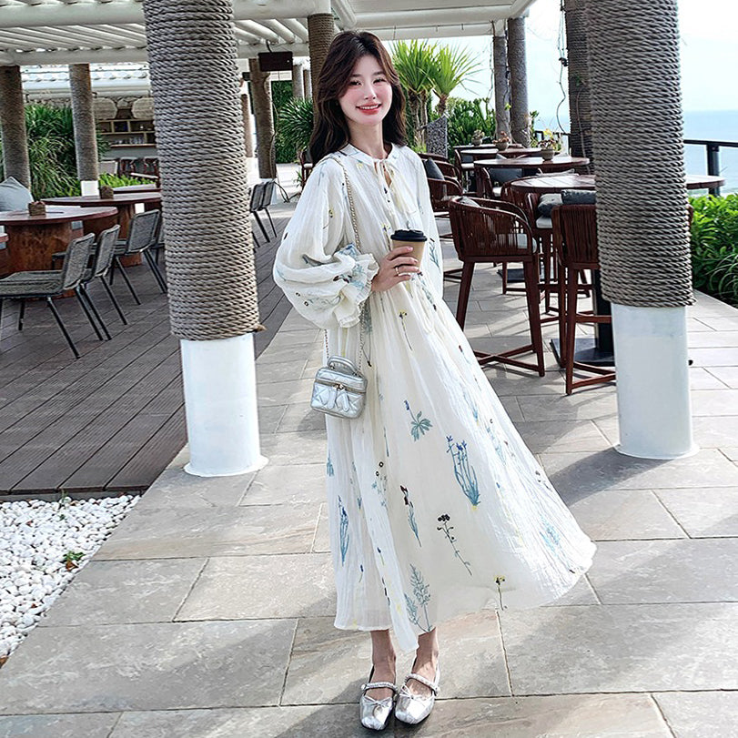 【ワンピース】独特で絶美なフレンチ風 花柄 長袖ワンピース 超人気 バルーンスリーブ リゾートロングドレス【SHシリーズ】