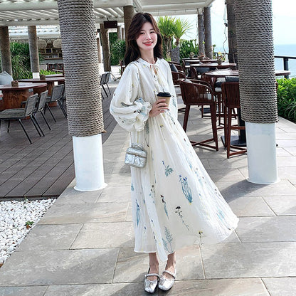 【ワンピース】独特で絶美なフレンチ風 花柄 長袖ワンピース 超人気 バルーンスリーブ リゾートロングドレス【SHシリーズ】