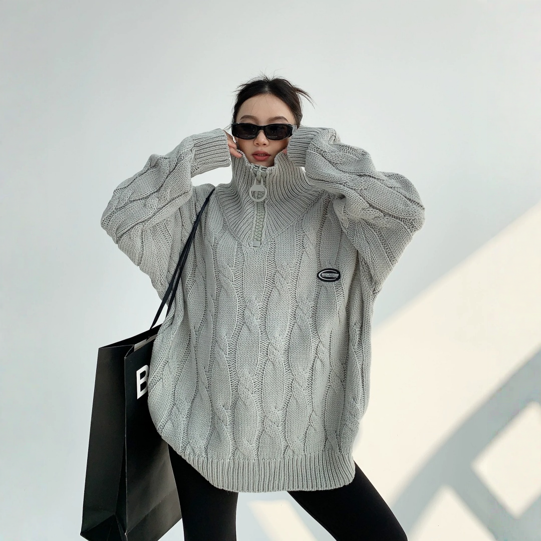 【トップス】ルーズ ファスナー付き  立襟 春 秋 冬 プルオーバー ニット セーター 【FCシリーズ】