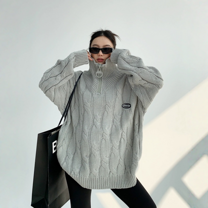 【トップス】ルーズ ファスナー付き  立襟 春 秋 冬 プルオーバー ニット セーター 【FCシリーズ】