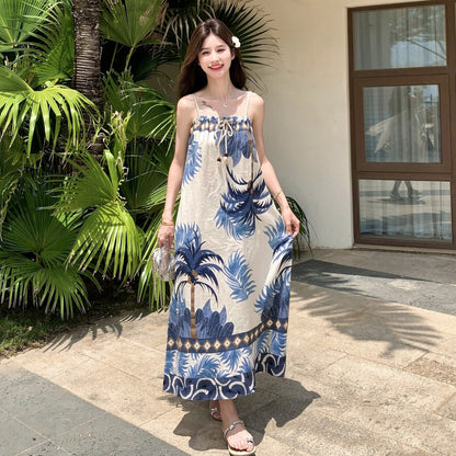 【ワンピース】リゾート風 配色プリントキャミワンピース レディース ノースリーブ ゆったり ロング丈 体型カバー 海島スタイル【SHシリーズ】