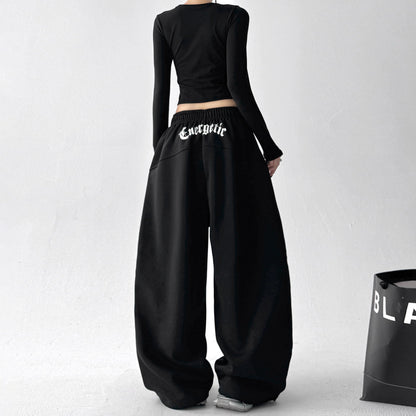 【ボトムス】ハイウエスト 刺繍入り スポーツパンツ レディース 春秋 ゆったり ワイド【FCシリーズ】