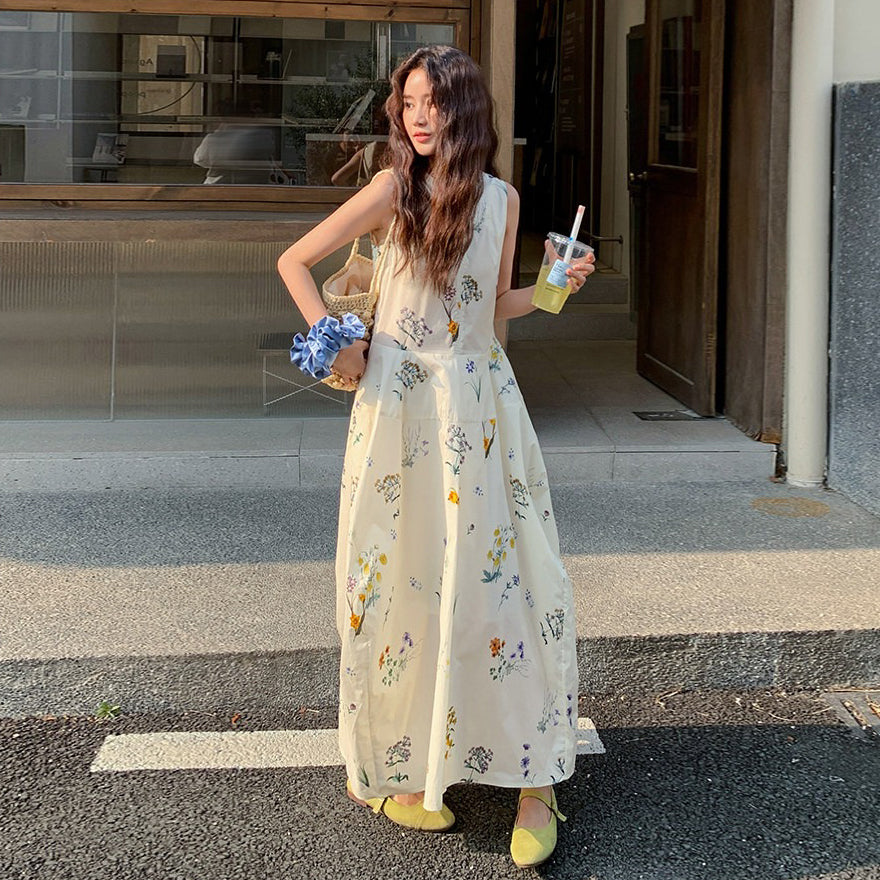 【ワンピース】小花柄ワンピース レディース 白 フレンチ風 ノースリーブ 背心タイプ ゆったり 体型カバー 細見え【SHシリーズ】